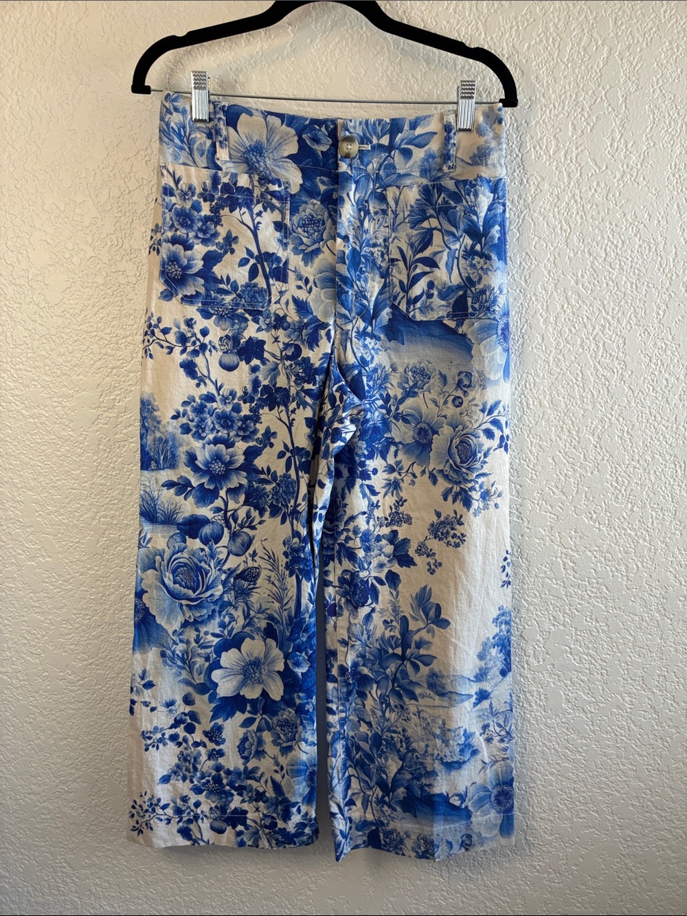 Maeve Colette Linen Pants Blue Floral Toile Wide Leg High Rise Anthropologie 27 - Picture 4 of 9
